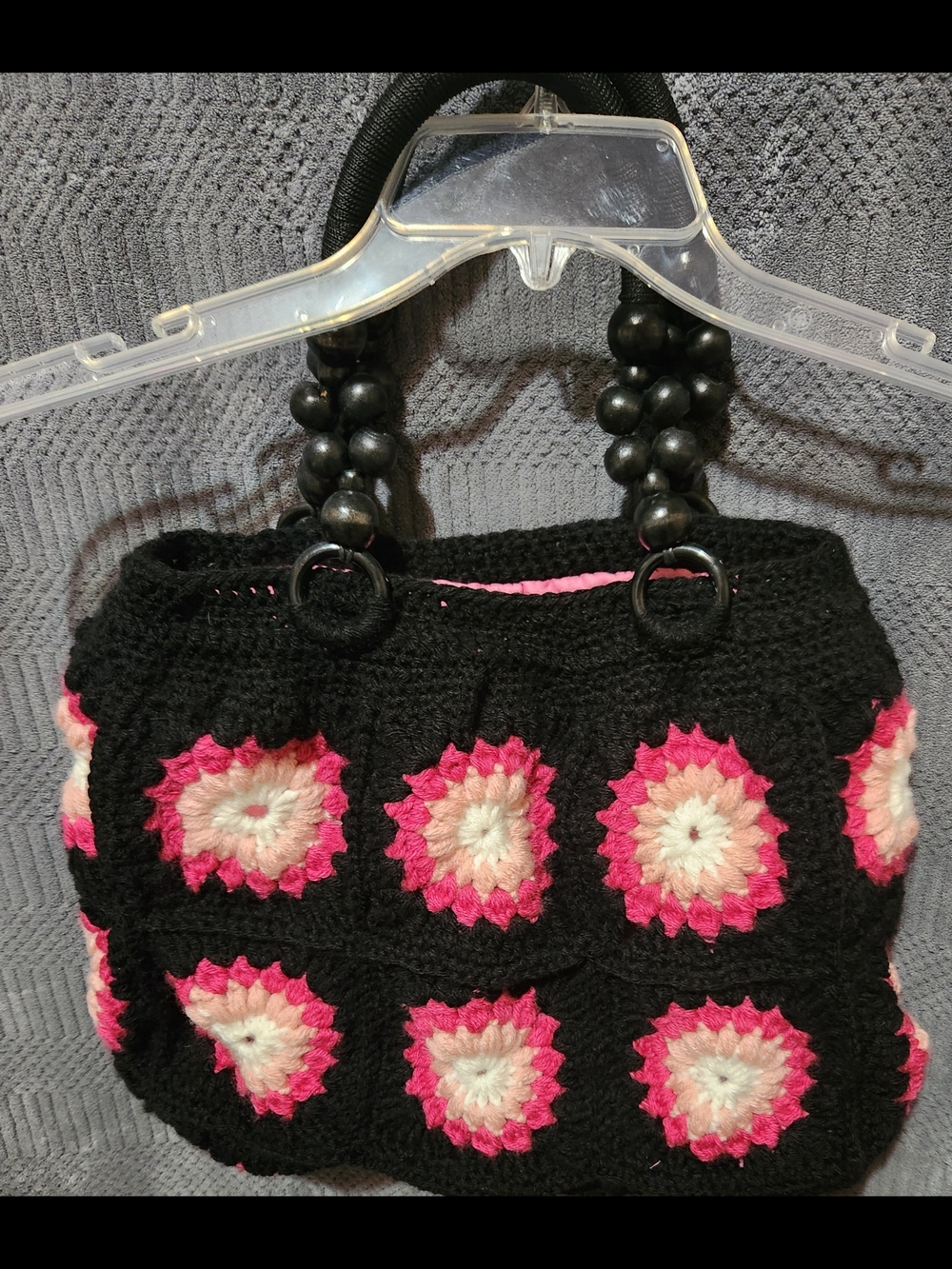 Handmade Crochet Shoulder Bag in Black & Pink